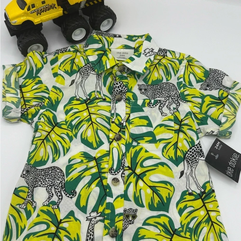 NWT Okie Dokie Baby Boy’s Jungle Print Button-Down Shirt (Size 24M)